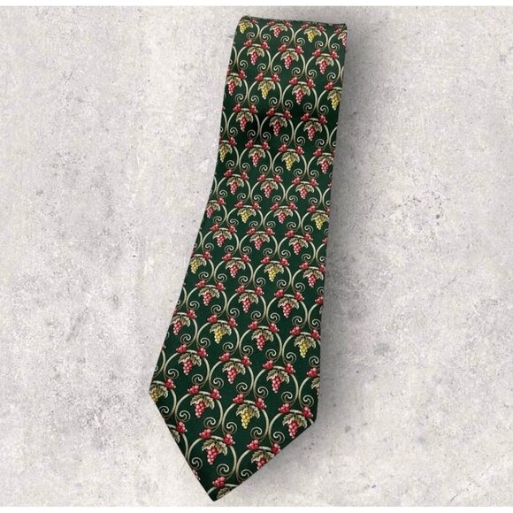 ROCHAS Silk Tie FRANCE Green Red Gold Baroque Grapes W:3.6" EUC - Picture 1 of 6